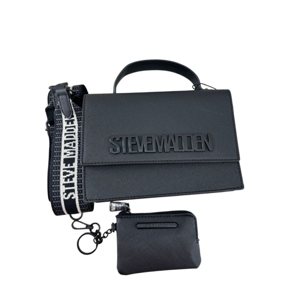 Steve Madden Black Mini Satchel Crossbody With Branded Strap and Coin Pouch
